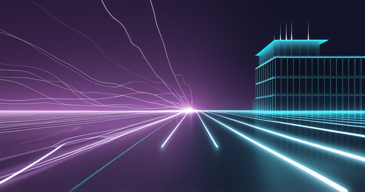 Abstrakte Darstellung eines Lichtimpulses, der als sofortige Antwort entlang eines Netzwerkpfads zu einem Gebäude fließt, in Violett auf dunklem Hintergrund.