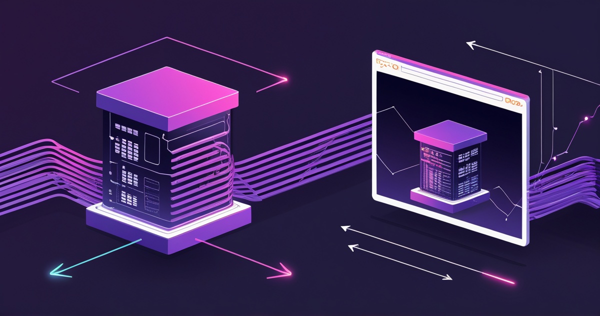 Abstrakte Darstellung zweier Datenströme zwischen einem CRM-Knoten und einem Website-Rahmen in Violett auf Dunkel